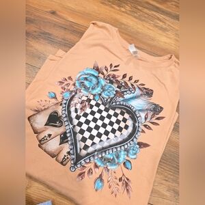 Womens Graphic Tee with Heart and Floral Design - Peach